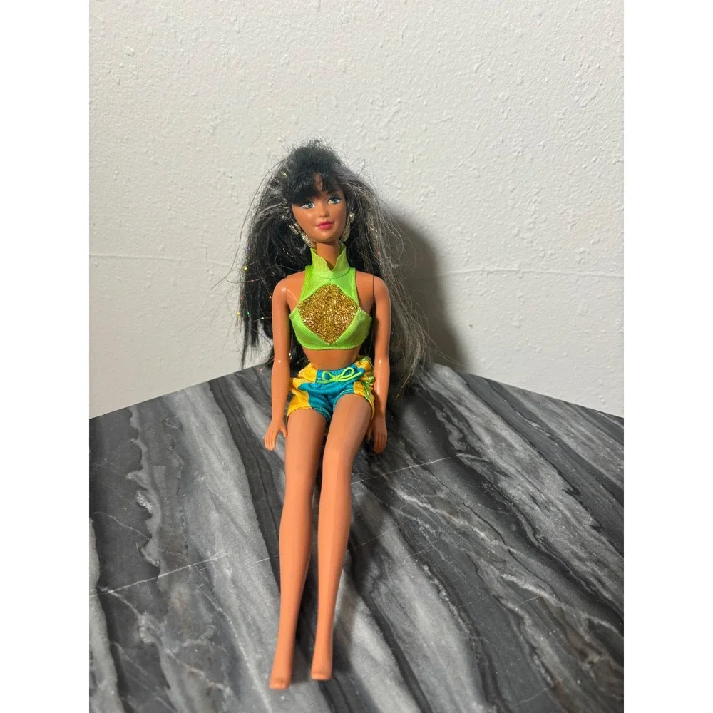 Vintage 1986 Mattel Barbie Doll Black Tinsel Hair Neon Green Gold Crop‎ Top 80s
